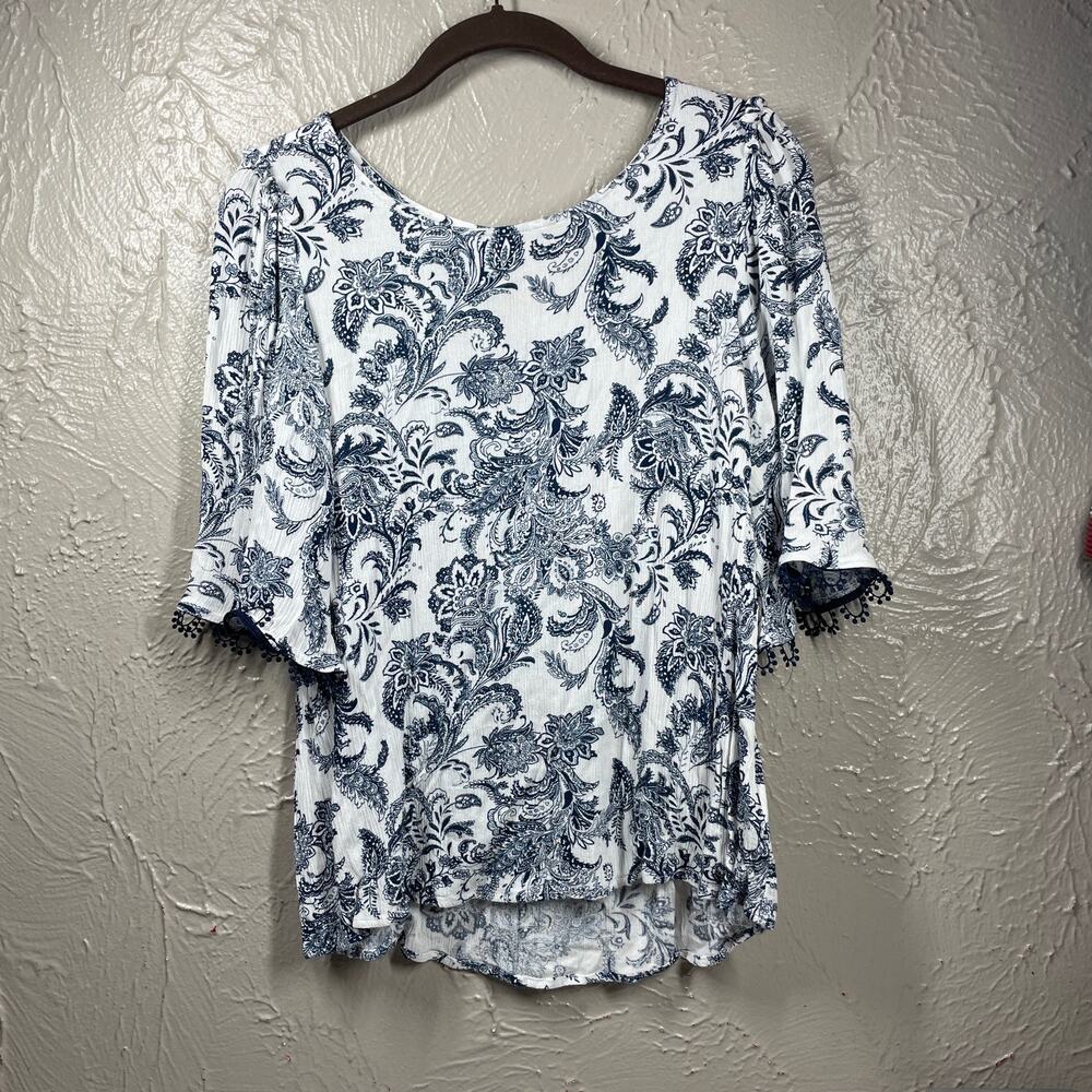 Bobeau Paisley Blue White Shirt Cotton Short Sleeve Top‎ Blouse size Small
